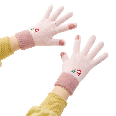 Women's winter telephone gloves with a snowman and a Christmas tree - pink — Hurtel