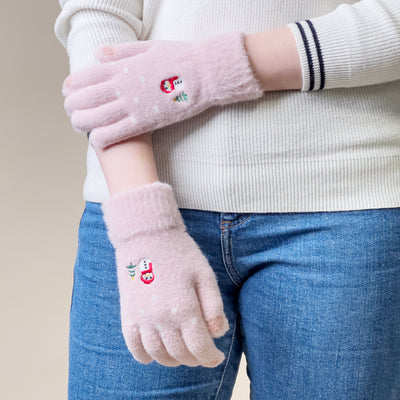 Women's winter telephone gloves with a snowman and a Christmas tree - pink — Hurtel