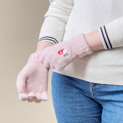 Women's winter telephone gloves with a snowman and a Christmas tree - pink — Hurtel