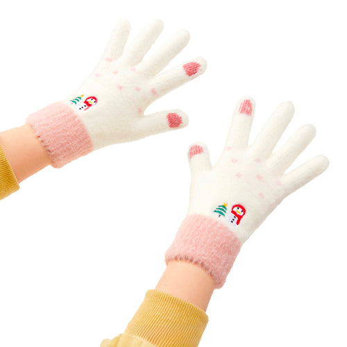 Women's winter telephone gloves with a snowman and a Christmas tree - white and pink — Hurtel