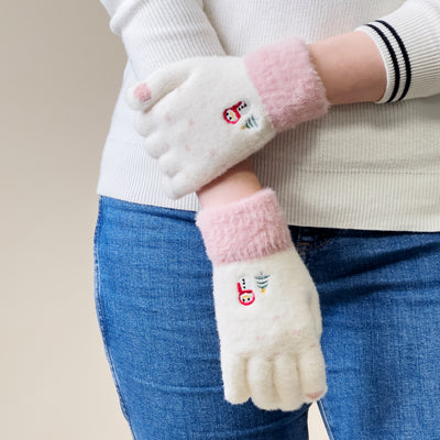 Women's winter telephone gloves with a snowman and a Christmas tree - white and pink — Hurtel