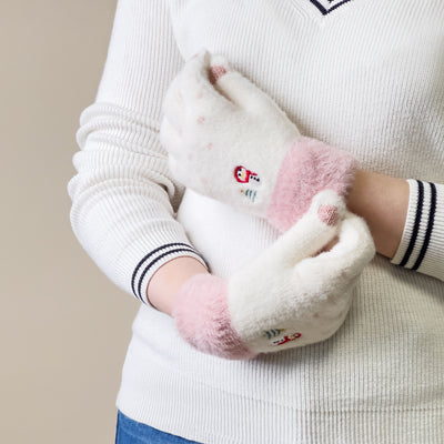 Women's winter telephone gloves with a snowman and a Christmas tree - white and pink — Hurtel