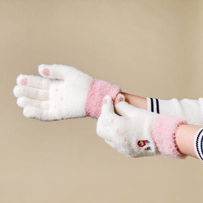Women's winter telephone gloves with a snowman and a Christmas tree - white and pink — Hurtel