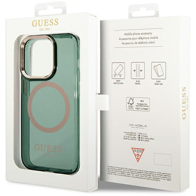 Guess GUHMP14XHTCMA iPhone 14 Pro Max 6.7" green/khaki hard case Gold Outline Translucent MagSafe