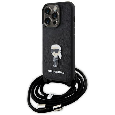Karl Lagerfeld Crossbody Saffiano Monogram Metal Pin Karl &amp; Choupette Case for iPhone 15 Pro - Black