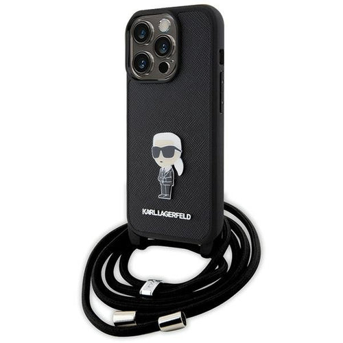 Karl Lagerfeld Crossbody Saffiano Monogram Metal Pin Karl &amp; Choupette Case for iPhone 15 Pro - Black