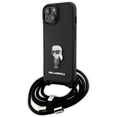 Karl Lagerfeld Crossbody Saffiano Monogram Metal Pin Karl & Choupette Case for iPhone 15 - Black
