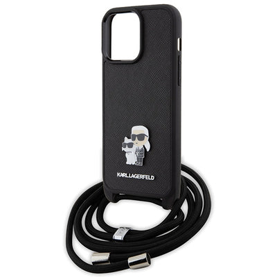 Karl Lagerfeld Crossbody Saffiano Metal Pin Karl &amp; Choupette Case for iPhone 15 Pro Max - Black