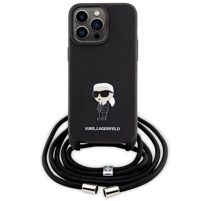 Karl Lagerfeld Crossbody Saffiano Monogram Metal Pin Karl &amp; Choupette Case for iPhone 15 Pro Max - Black