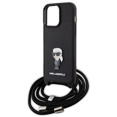 Karl Lagerfeld Crossbody Saffiano Monogram Metal Pin Karl &amp; Choupette Case for iPhone 15 Pro Max - Black