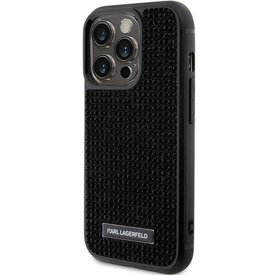 Karl Lagerfeld Rhinestone Logo Metal Plate case for iPhone 15 Pro - black