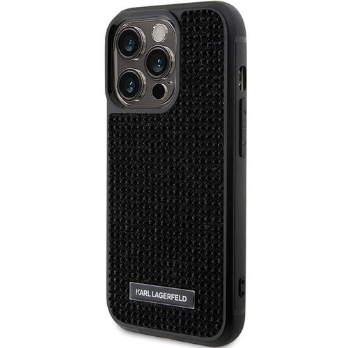 Karl Lagerfeld Rhinestone Logo Metal Plate case for iPhone 15 Pro - black