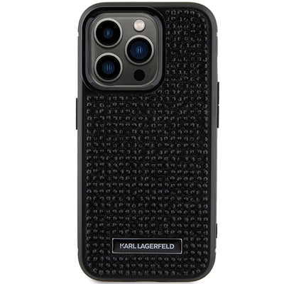 Karl Lagerfeld Rhinestone Logo Metal Plate case for iPhone 15 Pro - black