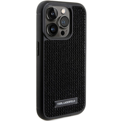 Karl Lagerfeld Rhinestone Logo Metal Plate case for iPhone 15 Pro - black