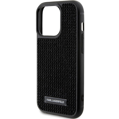 Karl Lagerfeld Rhinestone Logo Metal Plate case for iPhone 15 Pro - black
