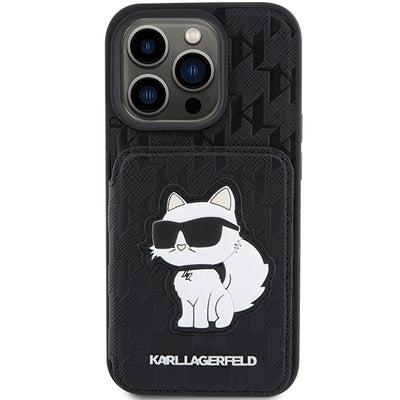 Karl Lagerfeld Saffiano Cardslots and Stand Monogram Choupette Case for iPhone 15 Pro - Black