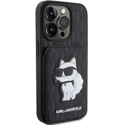 Karl Lagerfeld Saffiano Cardslots and Stand Monogram Choupette Case for iPhone 15 Pro - Black