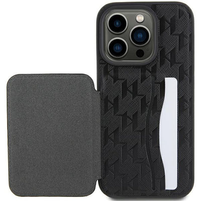 Karl Lagerfeld Saffiano Cardslots and Stand Monogram Choupette Case for iPhone 15 Pro - Black