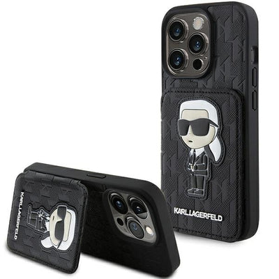 Karl Lagerfeld Saffiano Cardslots and Stand Monogram Ikonik Patch case for iPhone 15 Pro - black