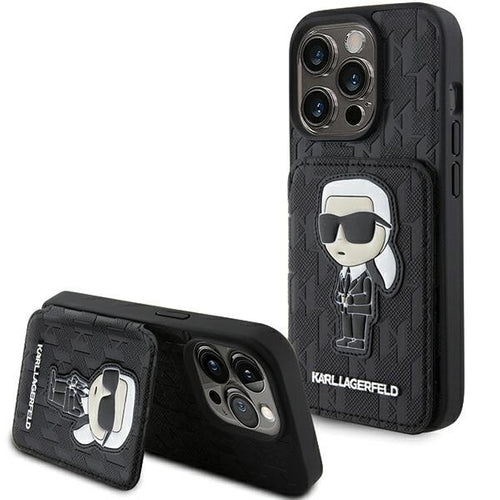 Karl Lagerfeld Saffiano Cardslots and Stand Monogram Ikonik Patch case for iPhone 15 Pro - black