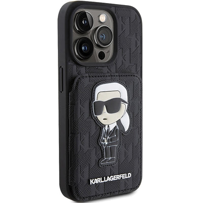 Karl Lagerfeld Saffiano Cardslots and Stand Monogram Ikonik Patch case for iPhone 15 Pro - black