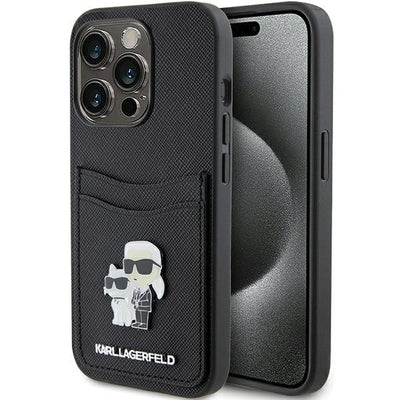 Karl Lagerfeld Saffiano Cardslot Karl&amp;Choupette Metal Pin case for iPhone 15 Pro - black