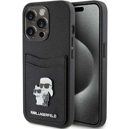 Karl Lagerfeld Saffiano Cardslot Karl&amp;Choupette Metal Pin case for iPhone 15 Pro - black