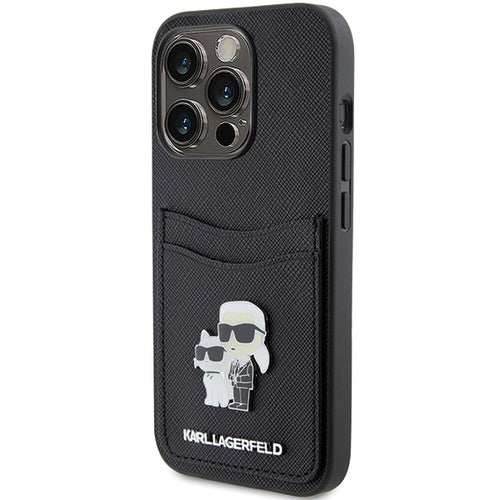 Karl Lagerfeld Saffiano Cardslot Karl&amp;Choupette Metal Pin case for iPhone 15 Pro - black