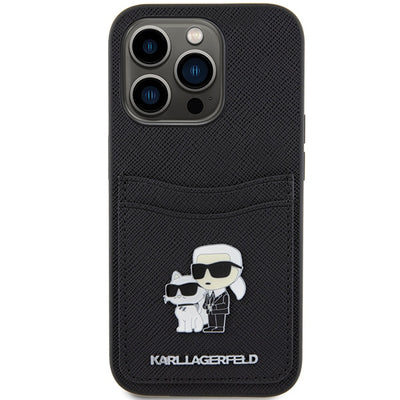 Karl Lagerfeld Saffiano Cardslot Karl&amp;Choupette Metal Pin case for iPhone 15 Pro - black