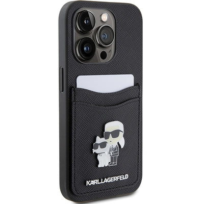 Karl Lagerfeld Saffiano Cardslot Karl&amp;Choupette Metal Pin case for iPhone 15 Pro - black
