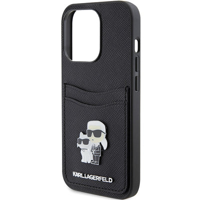 Karl Lagerfeld Saffiano Cardslot Karl&amp;Choupette Metal Pin case for iPhone 15 Pro - black