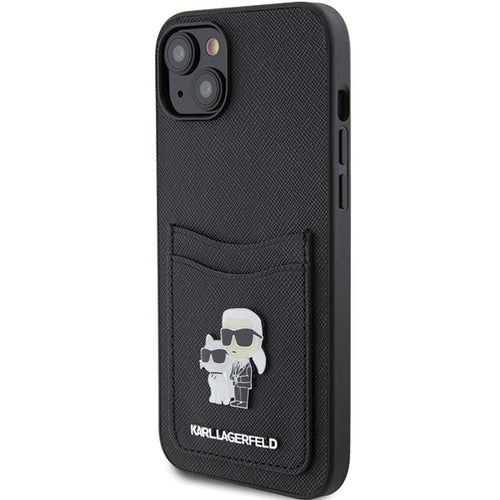 Karl Lagerfeld Saffiano Cardslot Karl&amp;Choupette Metal Pin case for iPhone 15 - black
