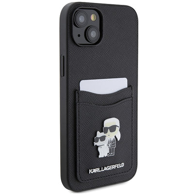 Karl Lagerfeld Saffiano Cardslot Karl&amp;Choupette Metal Pin case for iPhone 15 - black