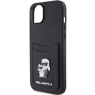 Karl Lagerfeld Saffiano Cardslot Karl&amp;Choupette Metal Pin case for iPhone 15 - black