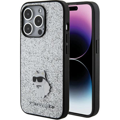Karl Lagerfeld Fixed Glitter Choupette Logo Metal Pin Case for iPhone 15 Pro Max - Silver