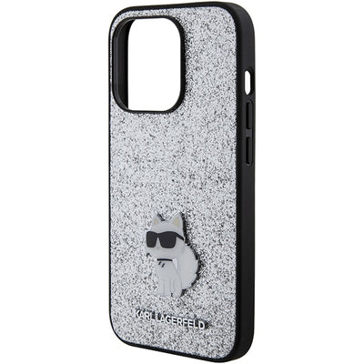 Karl Lagerfeld Fixed Glitter Choupette Logo Metal Pin Case for iPhone 15 Pro Max - Silver
