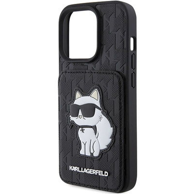 Karl Lagerfeld Saffiano Cardslots and Stand Monogram Choupette Case for iPhone 15 Pro Max - Black