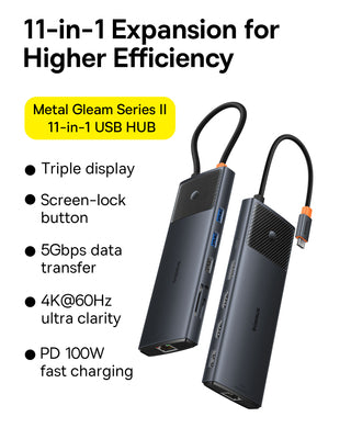 Basesu Metal Gleam Series II 11 in 1 Hub USB-A/USB-C PD/HDMI/DP/RJ45/SD/TF - black — Baseus