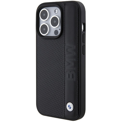 BMW Leather Textured &amp; Stripe iPhone 15 Pro Max Case - Black