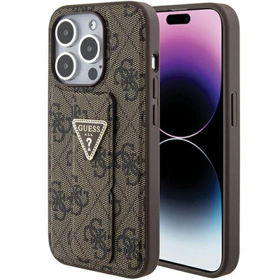 Guess Grip Stand 4G Triangle Strass case for iPhone 15 Pro - brown