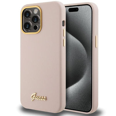 Guess Silicone Script Metal Logo & Frame case for iPhone 15 Pro - pink