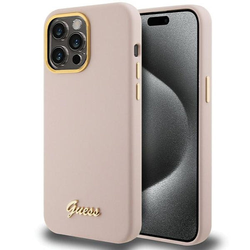 Guess Silicone Script Metal Logo & Frame case for iPhone 15 Pro - pink