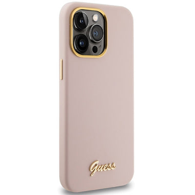 Guess Silicone Script Metal Logo &amp; Frame case for iPhone 15 Pro Max - pink