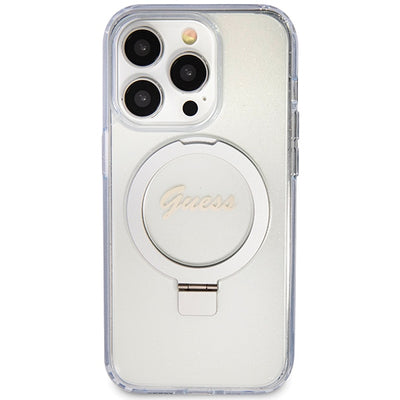 Guess Ring Stand Script Glitter MagSafe case for iPhone 15 Pro - transparent