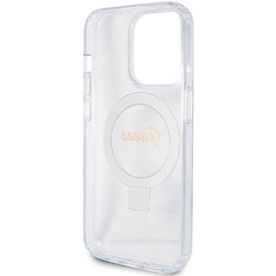 Guess Ring Stand Script Glitter MagSafe case for iPhone 15 Pro - transparent