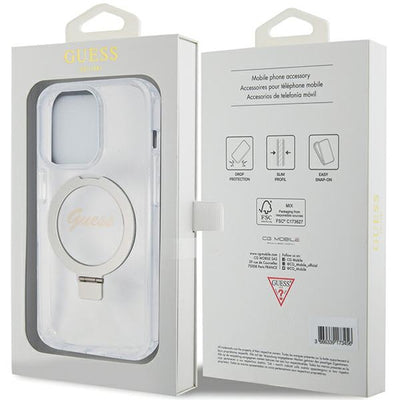 Guess Ring Stand Script Glitter MagSafe case for iPhone 15 Pro - transparent
