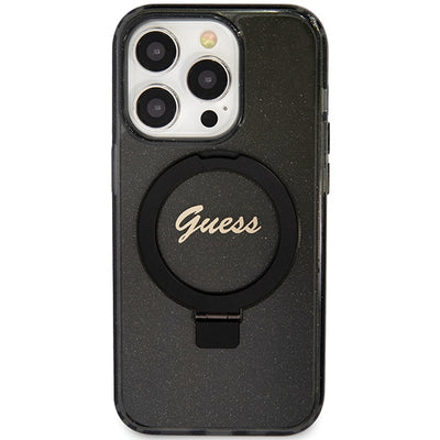 Guess Ring Stand Script Glitter MagSafe case for iPhone 15 Pro Max - black
