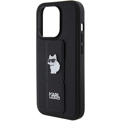 Karl Lagerfeld Gripstand Saffiano Choupette Pins case for iPhone 15 Pro - black