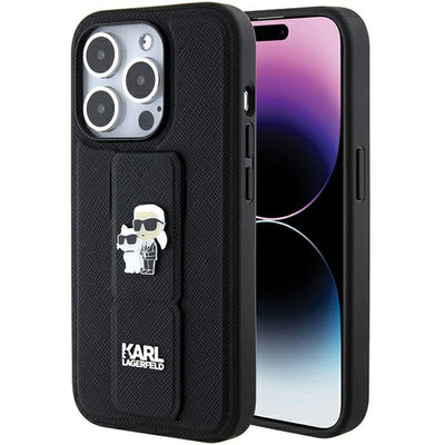 Karl Lagerfeld Gripstand Saffiano Karl&amp;Choupette Pins case for iPhone 15 Pro - black