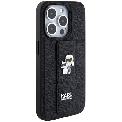 Karl Lagerfeld Gripstand Saffiano Karl&amp;Choupette Pins case for iPhone 15 Pro - black